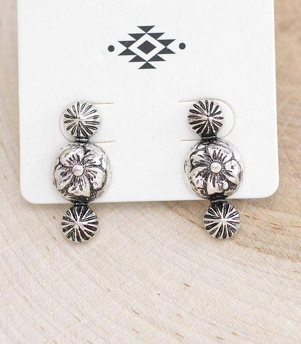 Dainty Western Flower Concho Earrings: Silver