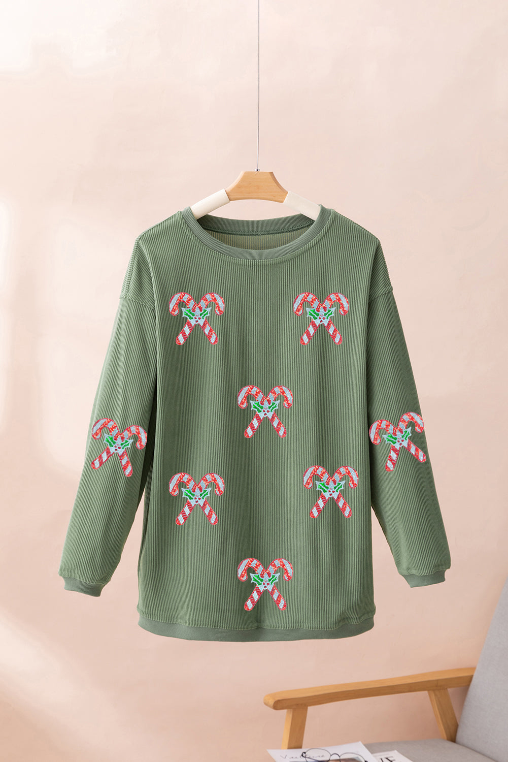 Grass Green Candy Cane Patch Application Corded Baggy Sweatshirt