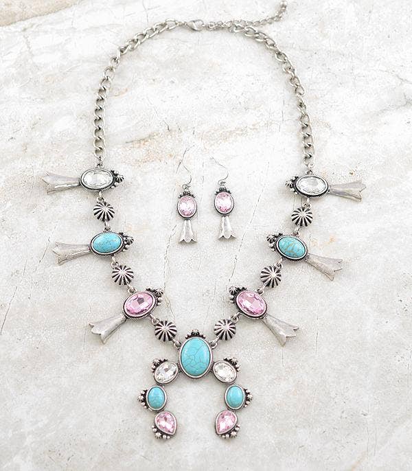 Glass Stone Squash Blossom Necklace Set: Multi