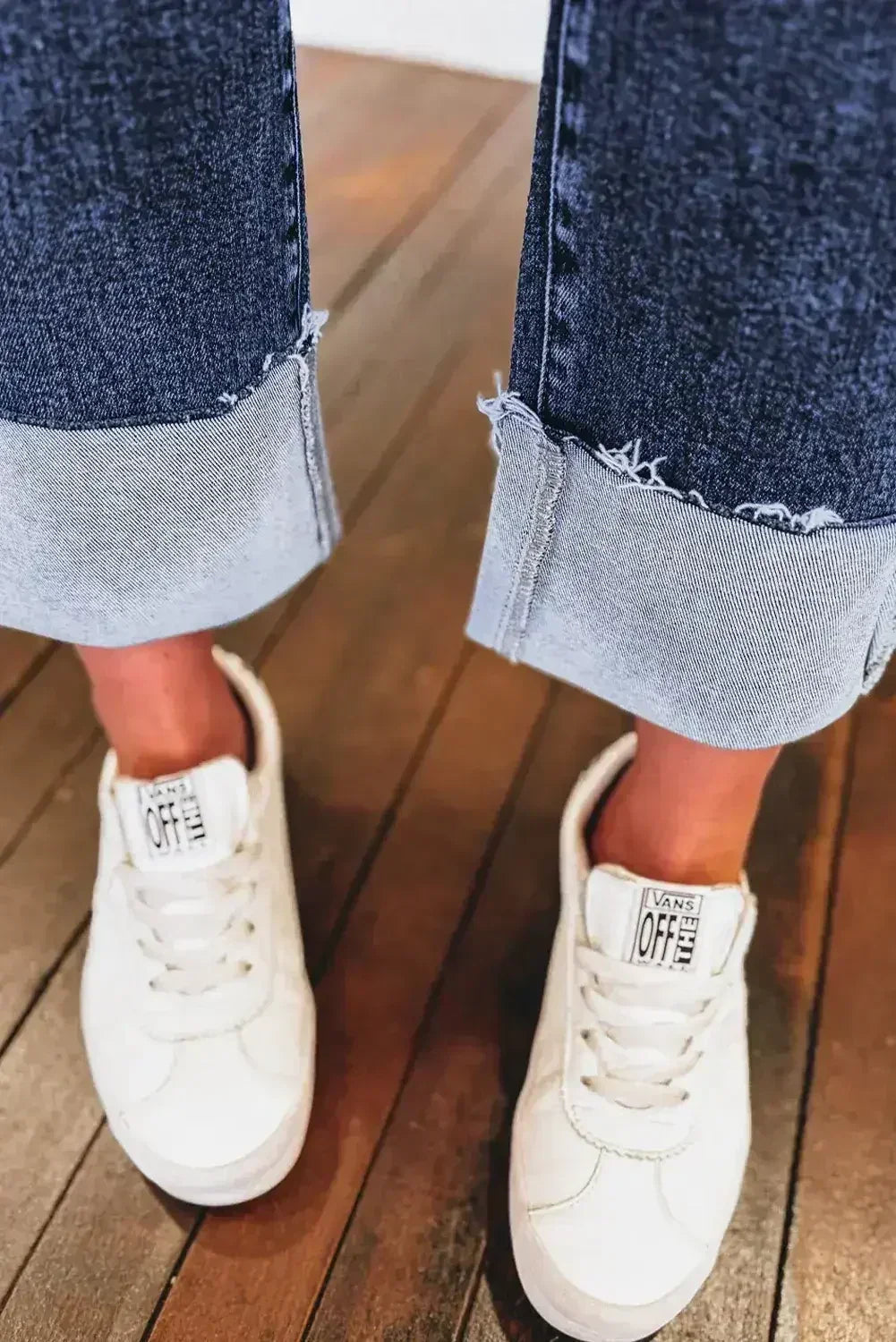 Real Teal Folded Cuffs Distressed High Waist Jeans