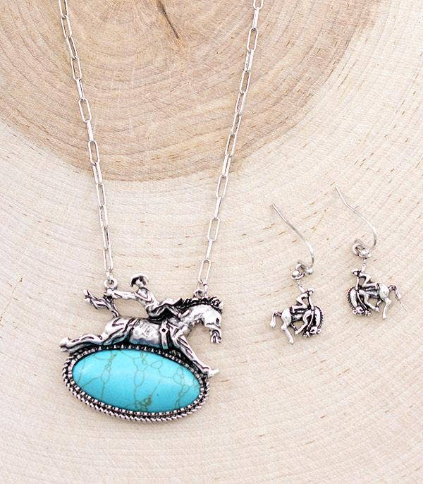 Turquoise Cowboy Bronco Necklace: Silver