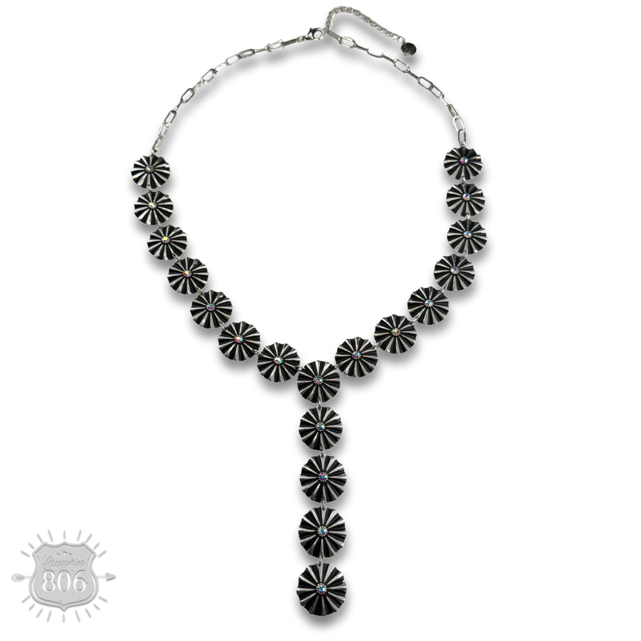 Starburst concho Y necklace with iridescent rhinestones
