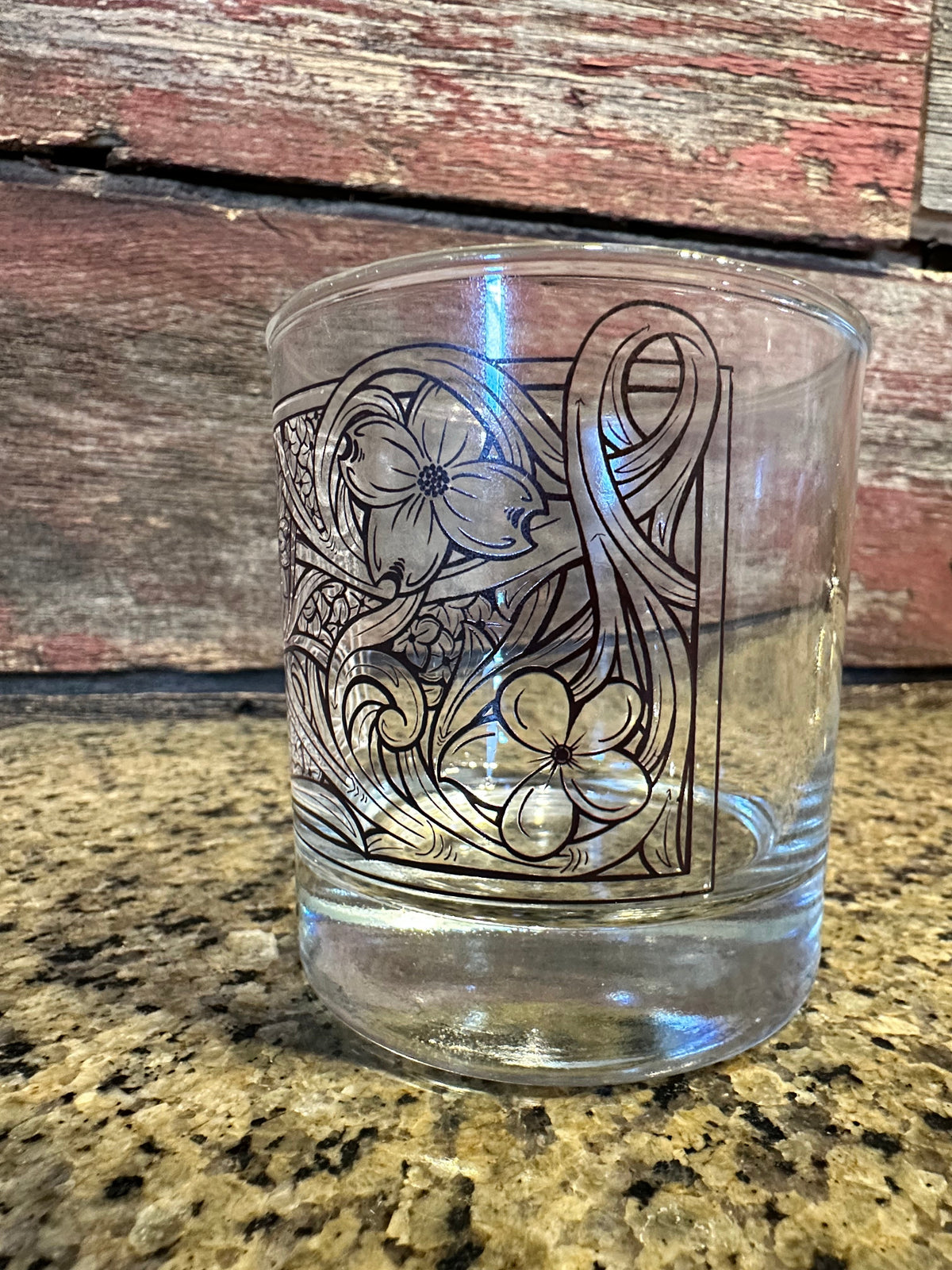 On the Rocks Glass floral tooled design