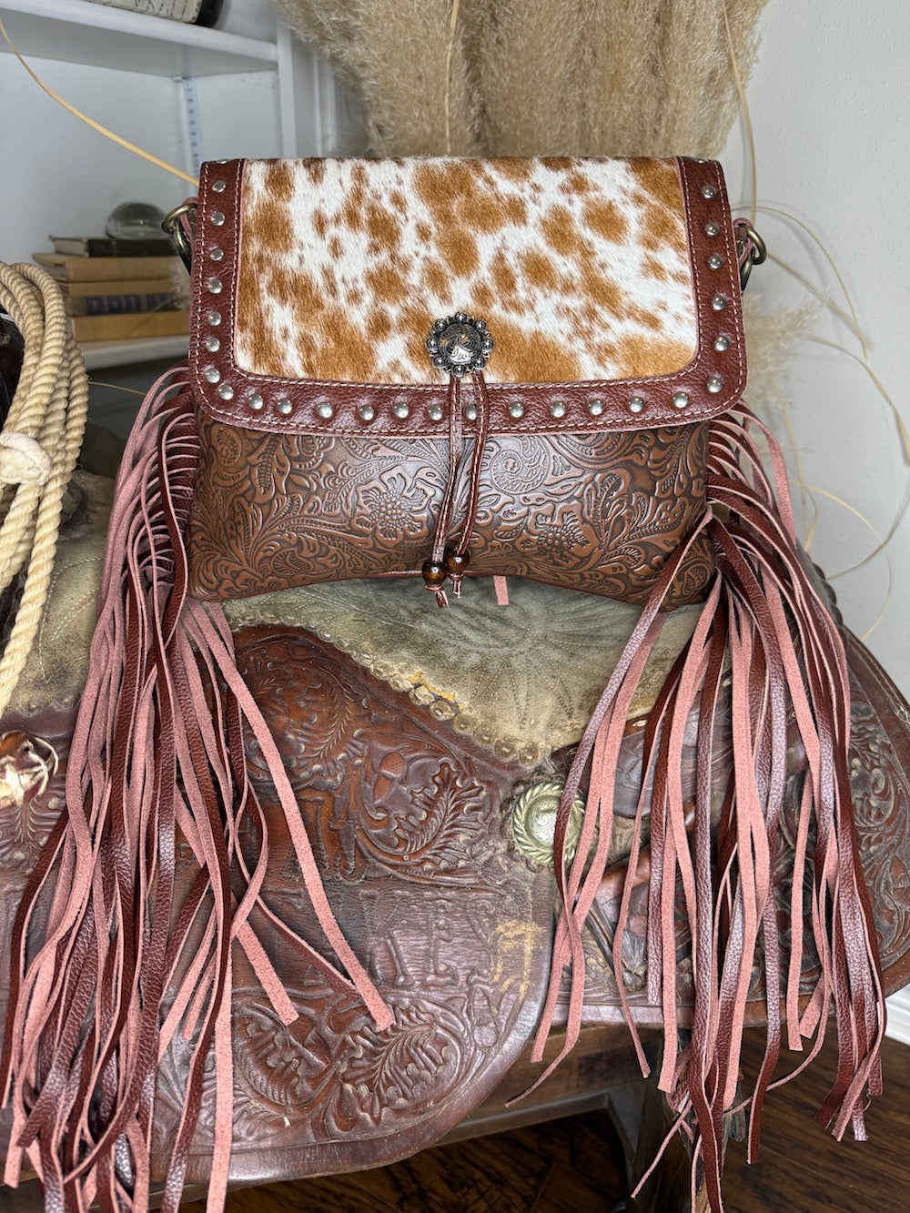 Carved Blossoms Leather & Hair On