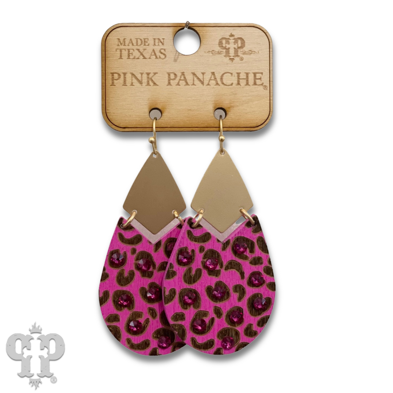 Animal print wood teardrop earring, Austrian crystal