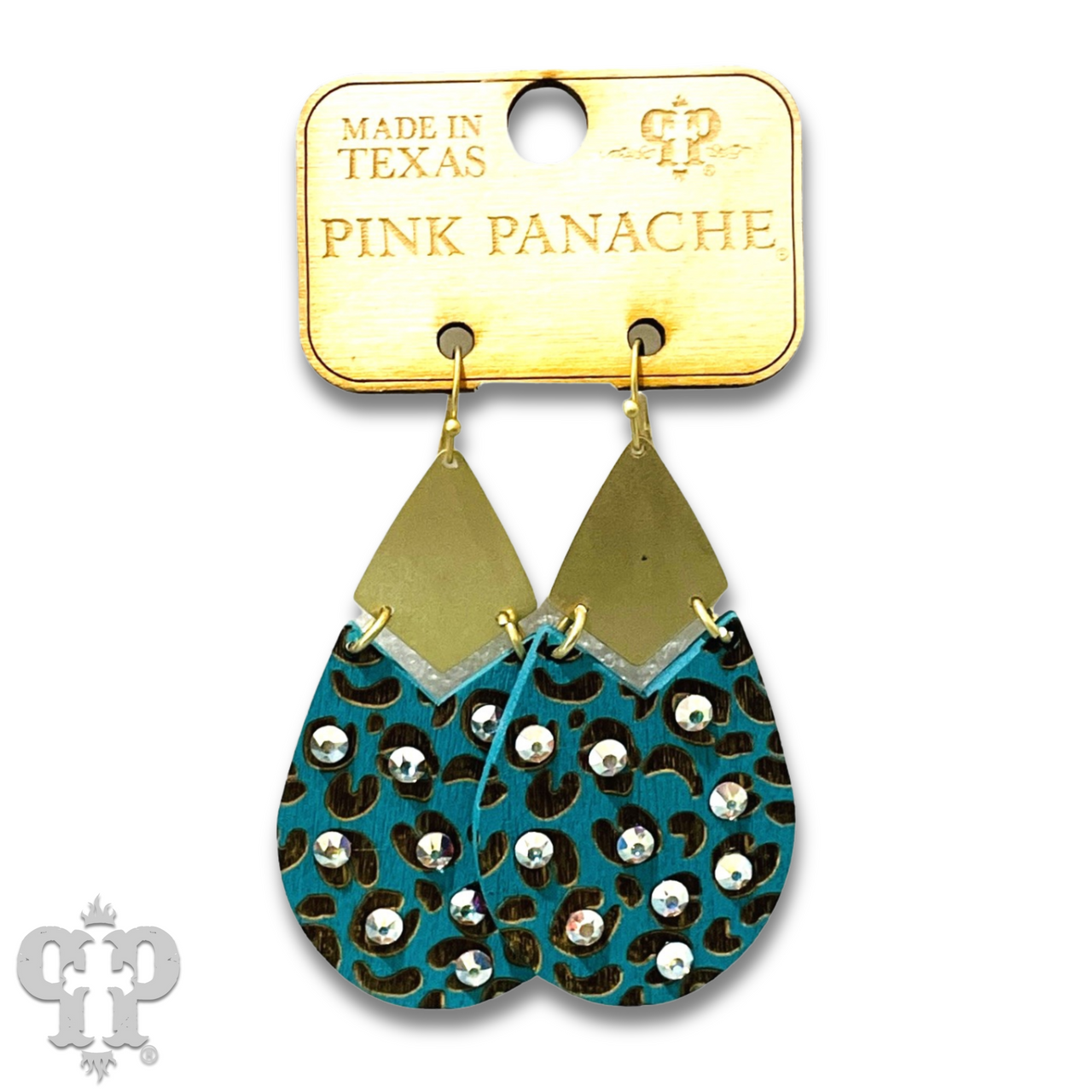 Animal print wood teardrop earring, Austrian crystal