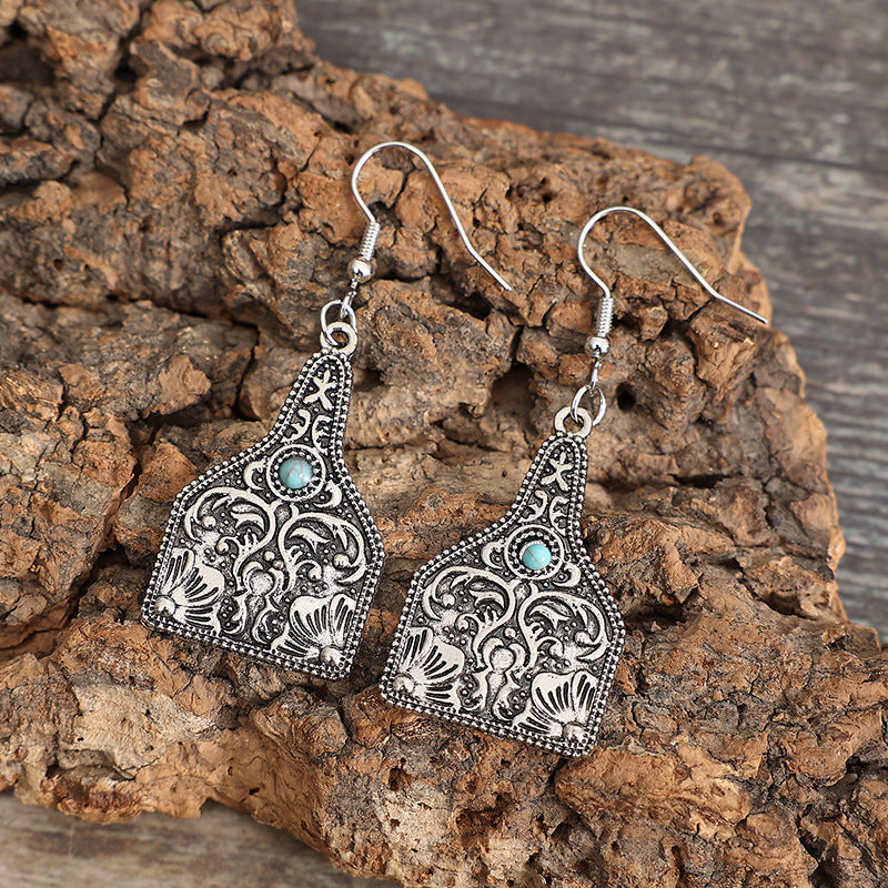 Pretty Wine Bottle Carved Turquoise Ethnic Earrings