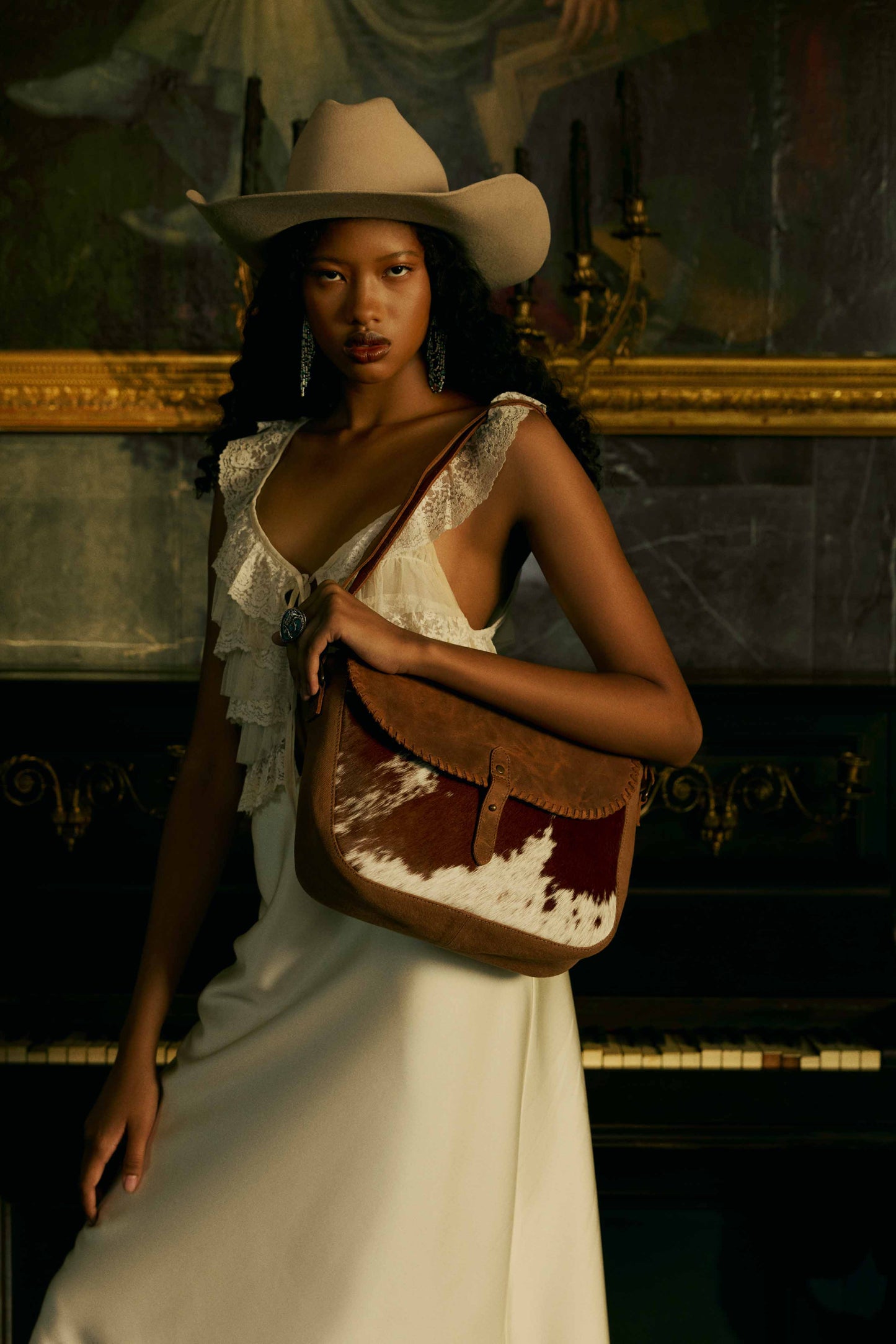 Myra Honey Field Hairon Leather Messenger Bag in Sable Mist