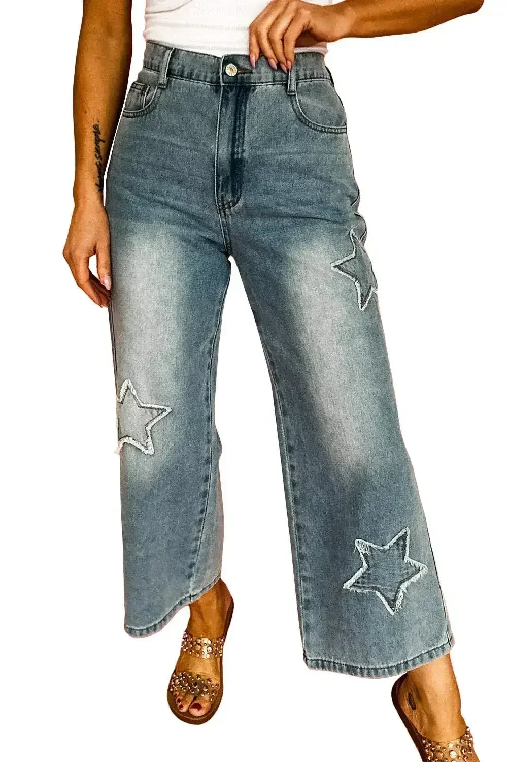 Stone Blue Star Patchwork Light Wash Wide Leg High Waist Jeans