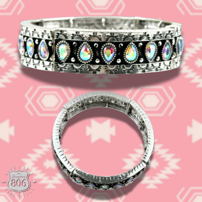Silver and iridescent stretch bangle bracelet