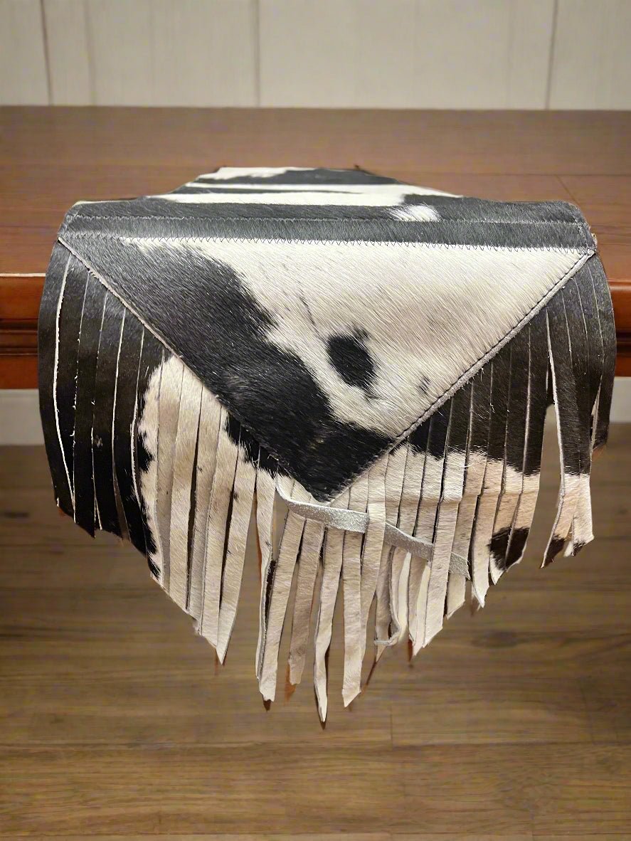 Black and White Cowhide Table Runner with Fringe