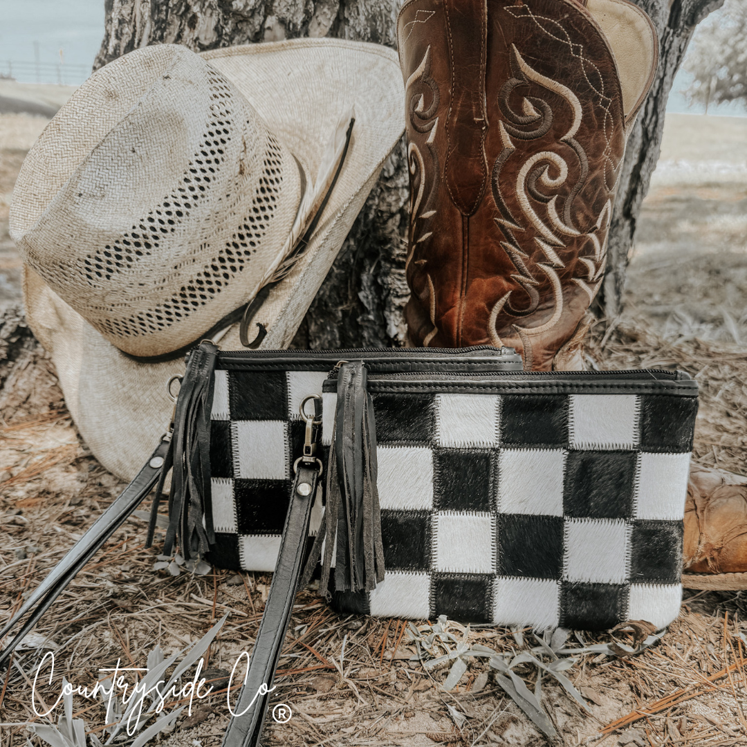 Stockyard Checkered Cowhide Wristlet