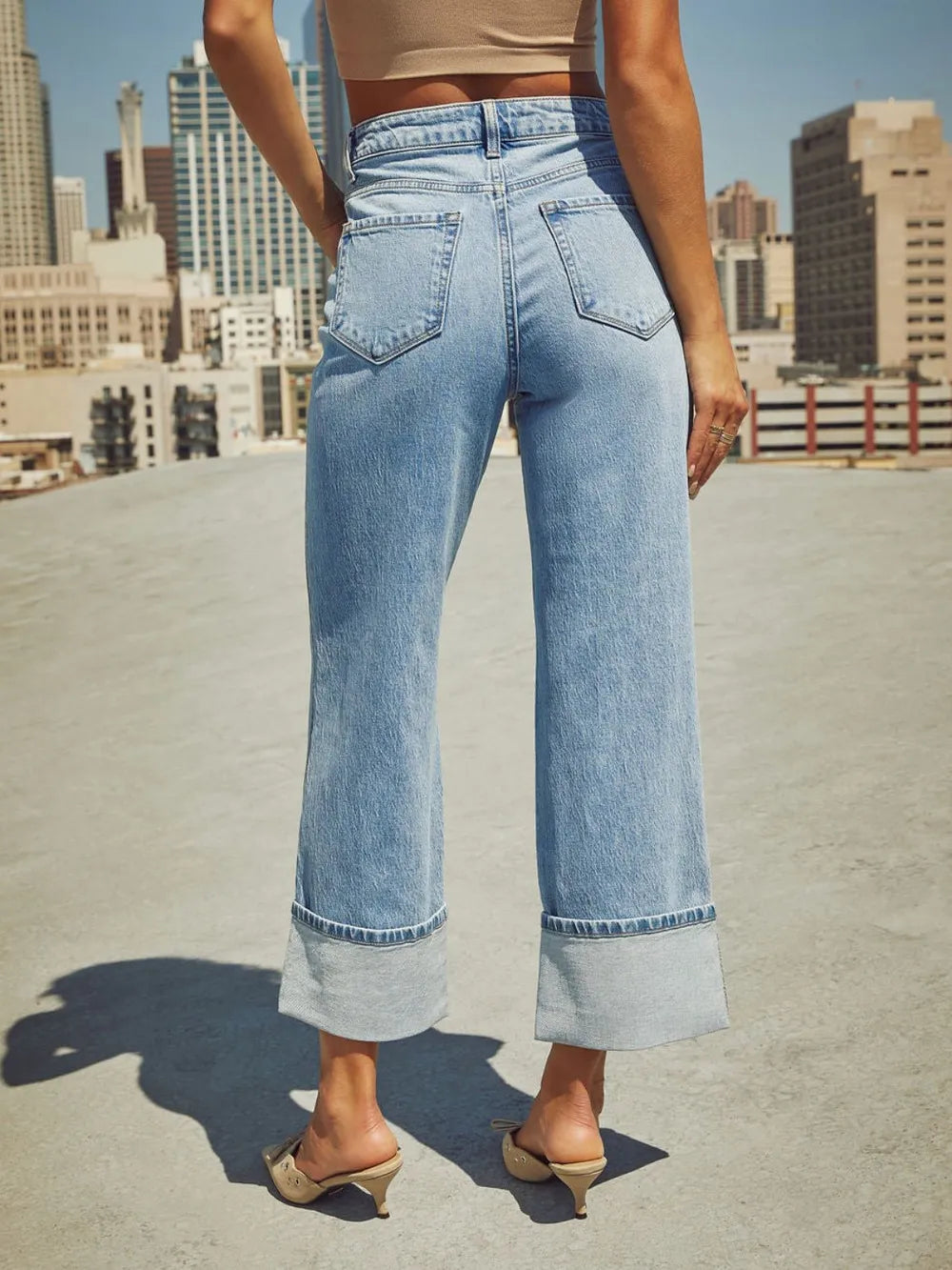 High Waisted Straight Leg Rolled Jeans
