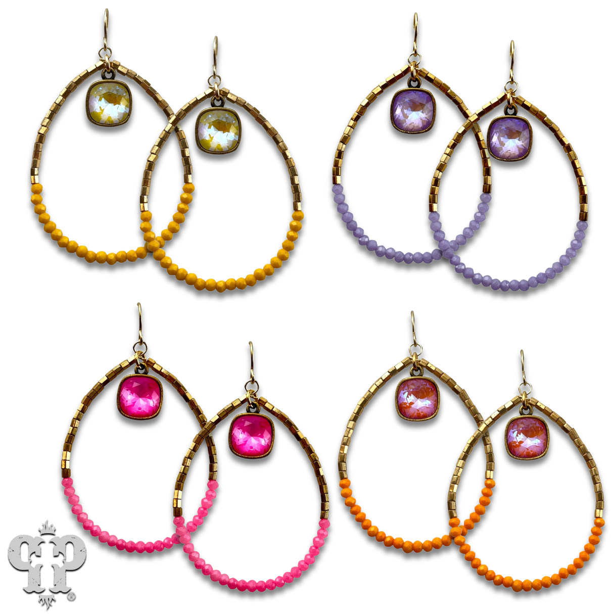 Square and seed bead teardrop earring, Austrian crystal