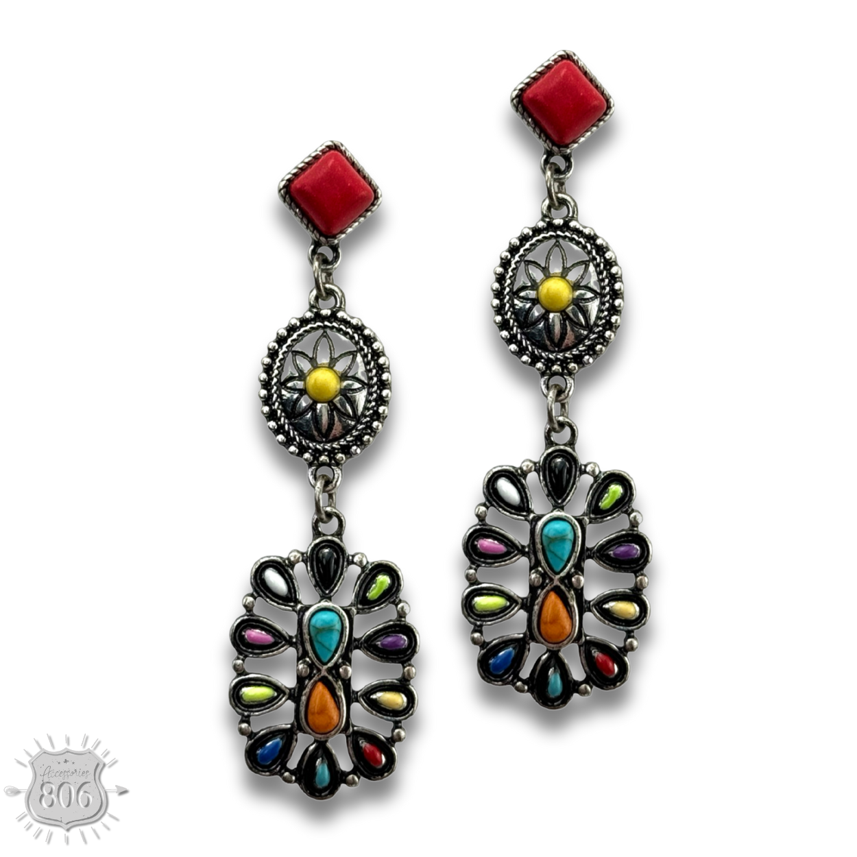 Flower concho post, triple drop earring