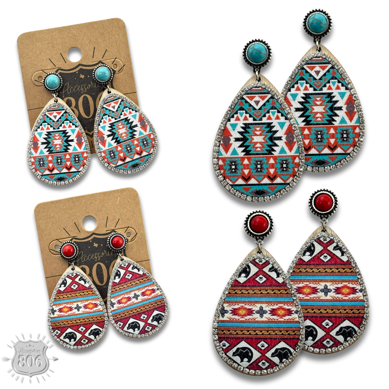 Western print wood teardrop earring