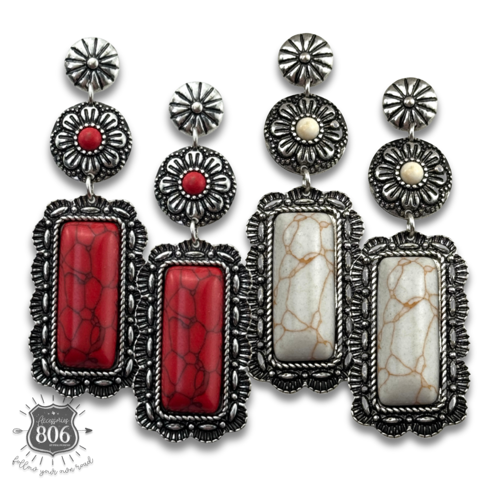 Western stone rectangle, silver post earring