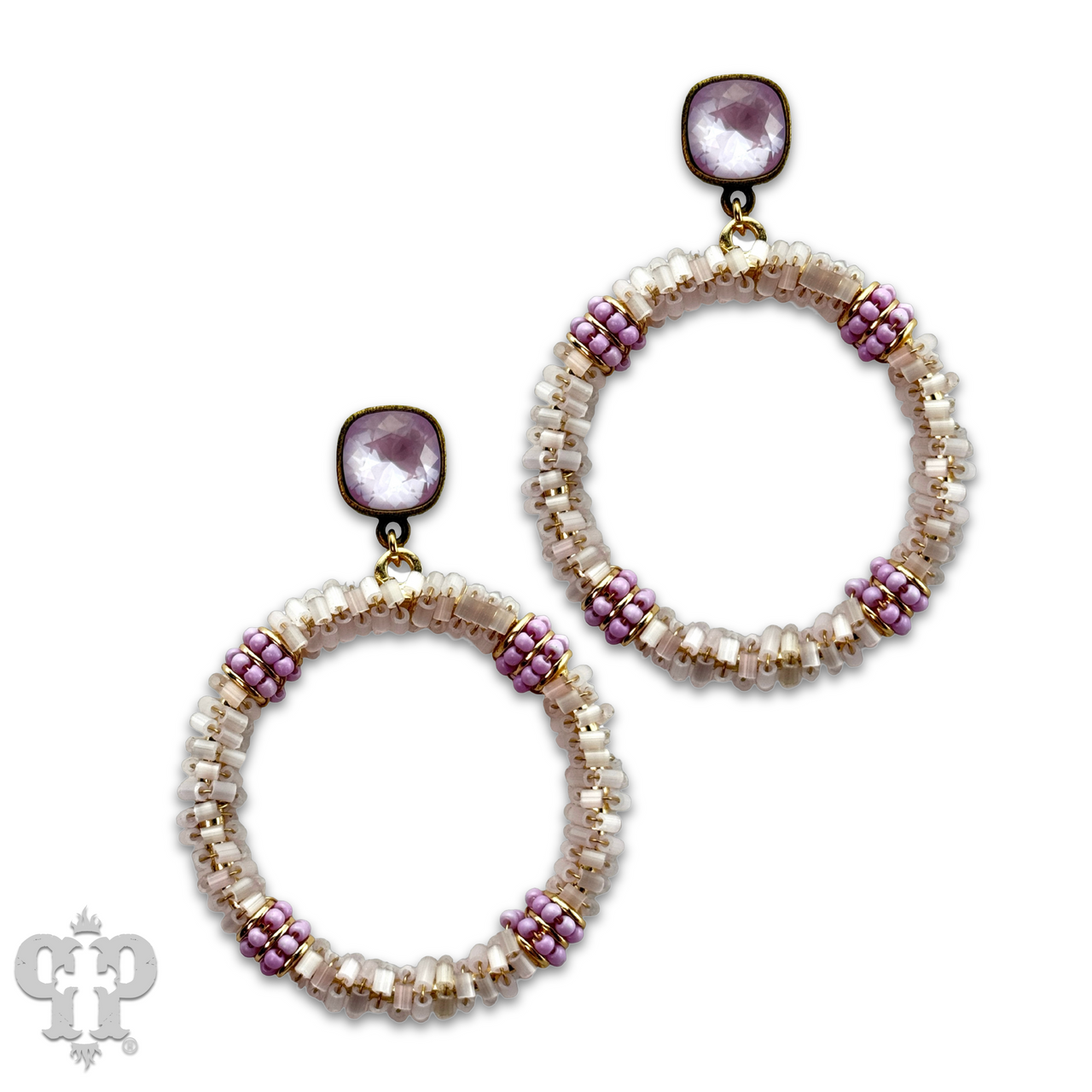 Seed and tube bead circle earring with Austrian crystal