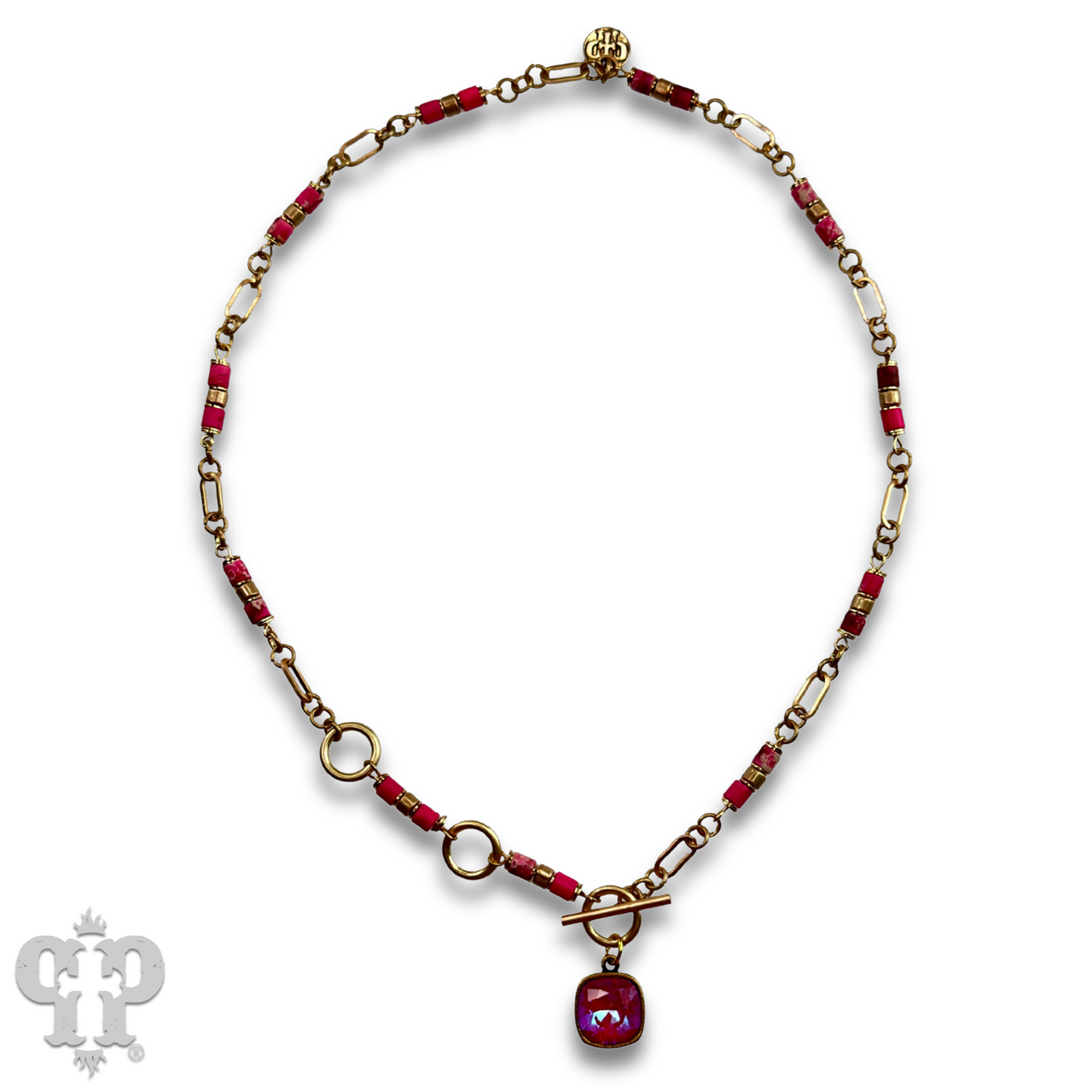 Cylinder stone linked bead with toggle closure and Austrian crystal necklace