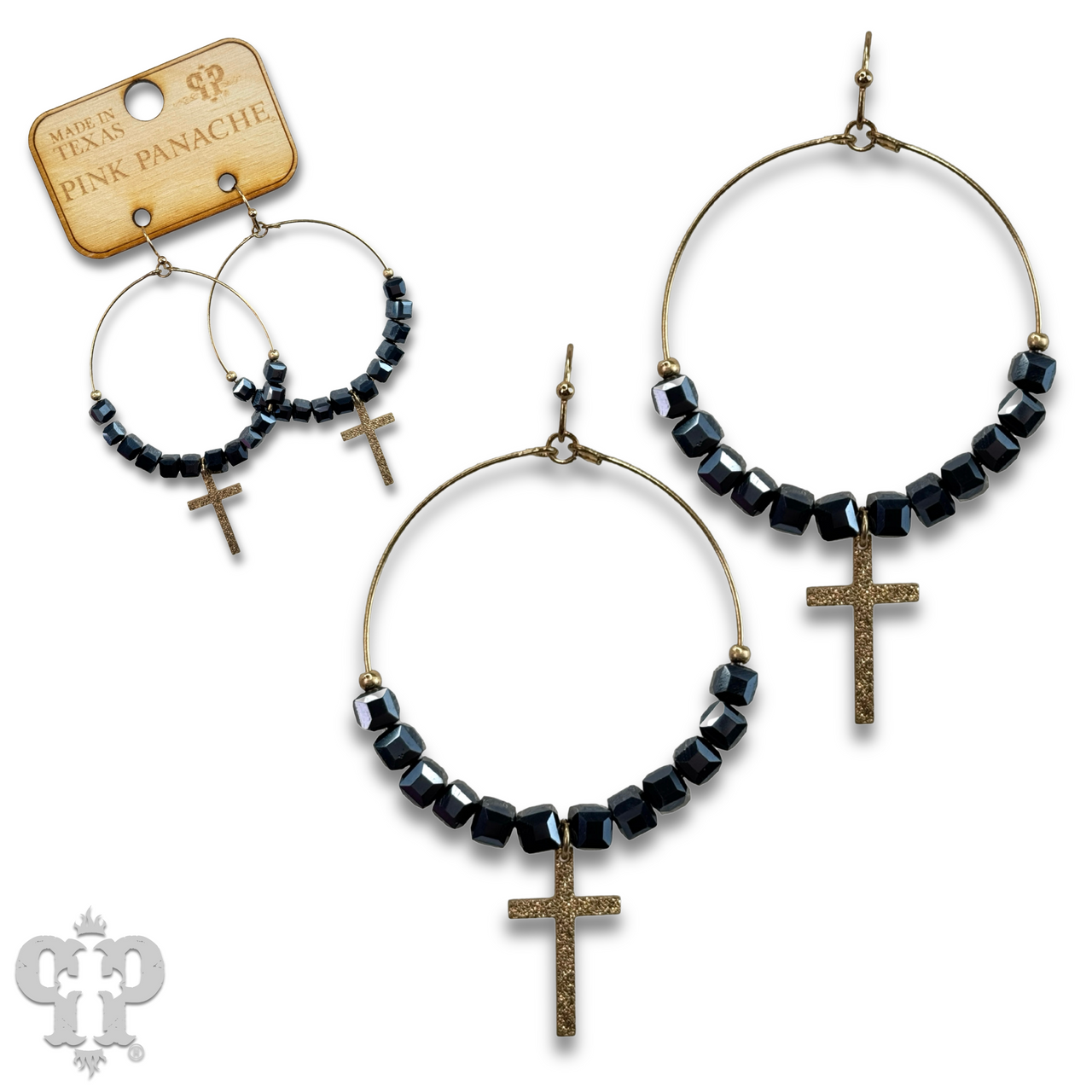Square crystal bead earring with small gold cross charm