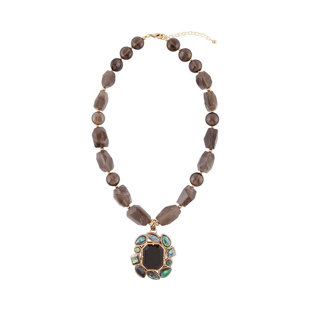 Tribecca Blue Abalone and Black Smoky Quartz Golden Statement Necklace
