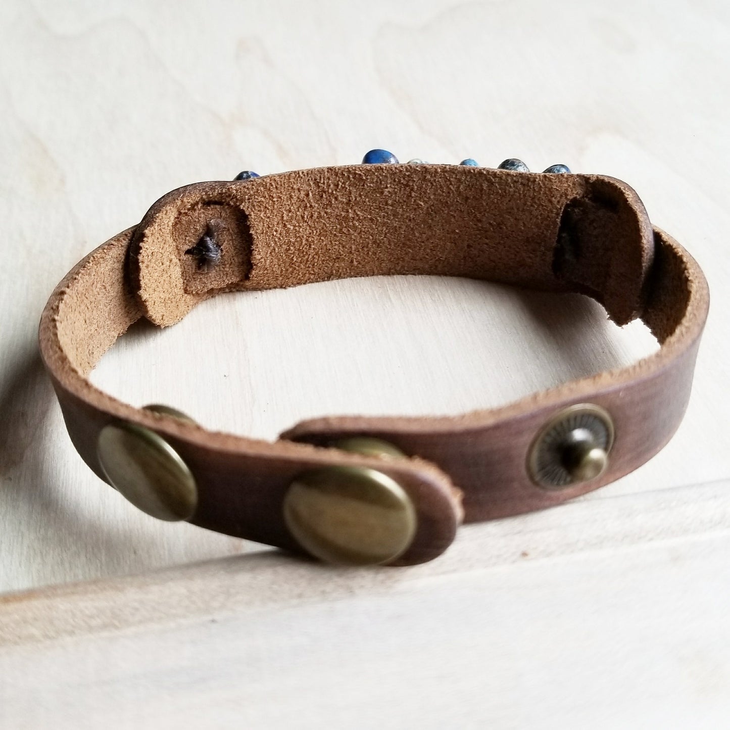 Genuine Leather Narrow Cuff with Turquoise Regalite Stones 006v