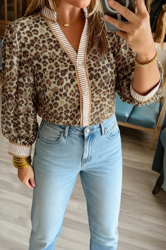 Khaki Contrast Striped Trim V Neck Leopard Shirt