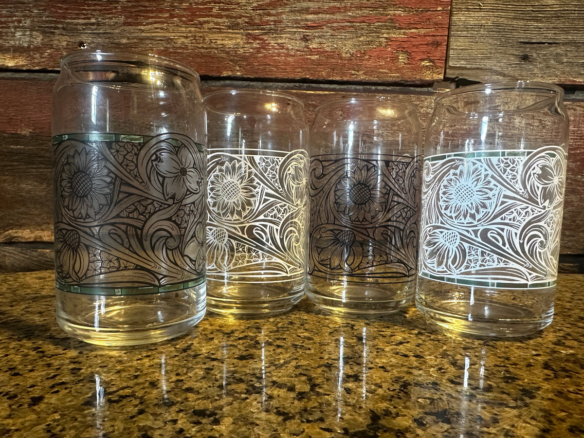 Can Glass Floral Leather Tooled