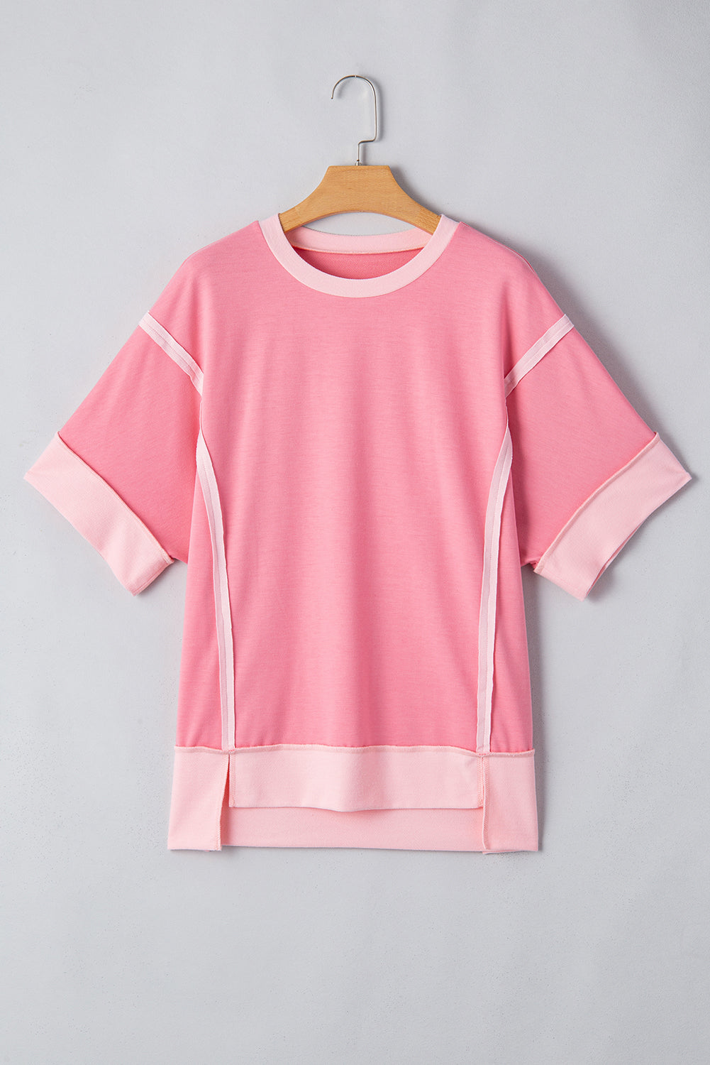 Peach Blossom Half Sleeve Raw Seam High Low Side Split Top