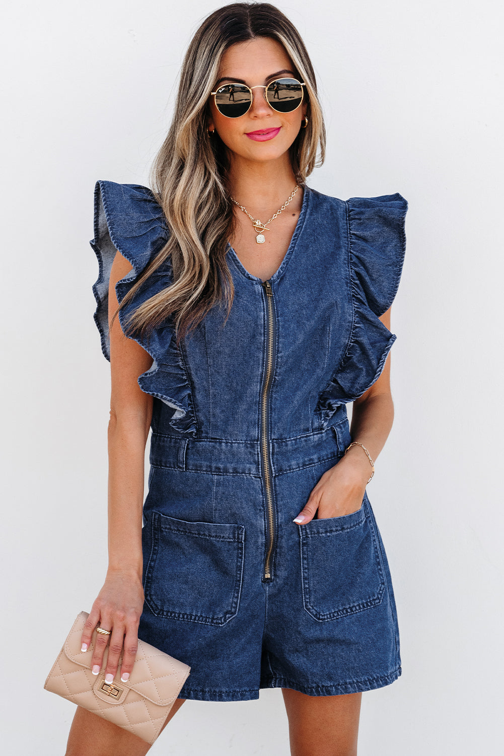 Denim Ruffle Sleeve Zip Front Belted Romper