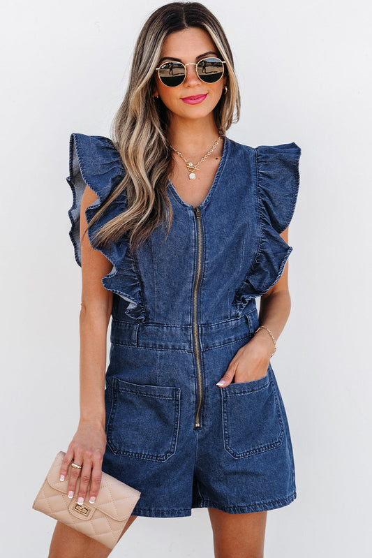Denim Ruffle Sleeve Zip Front Belted Romper