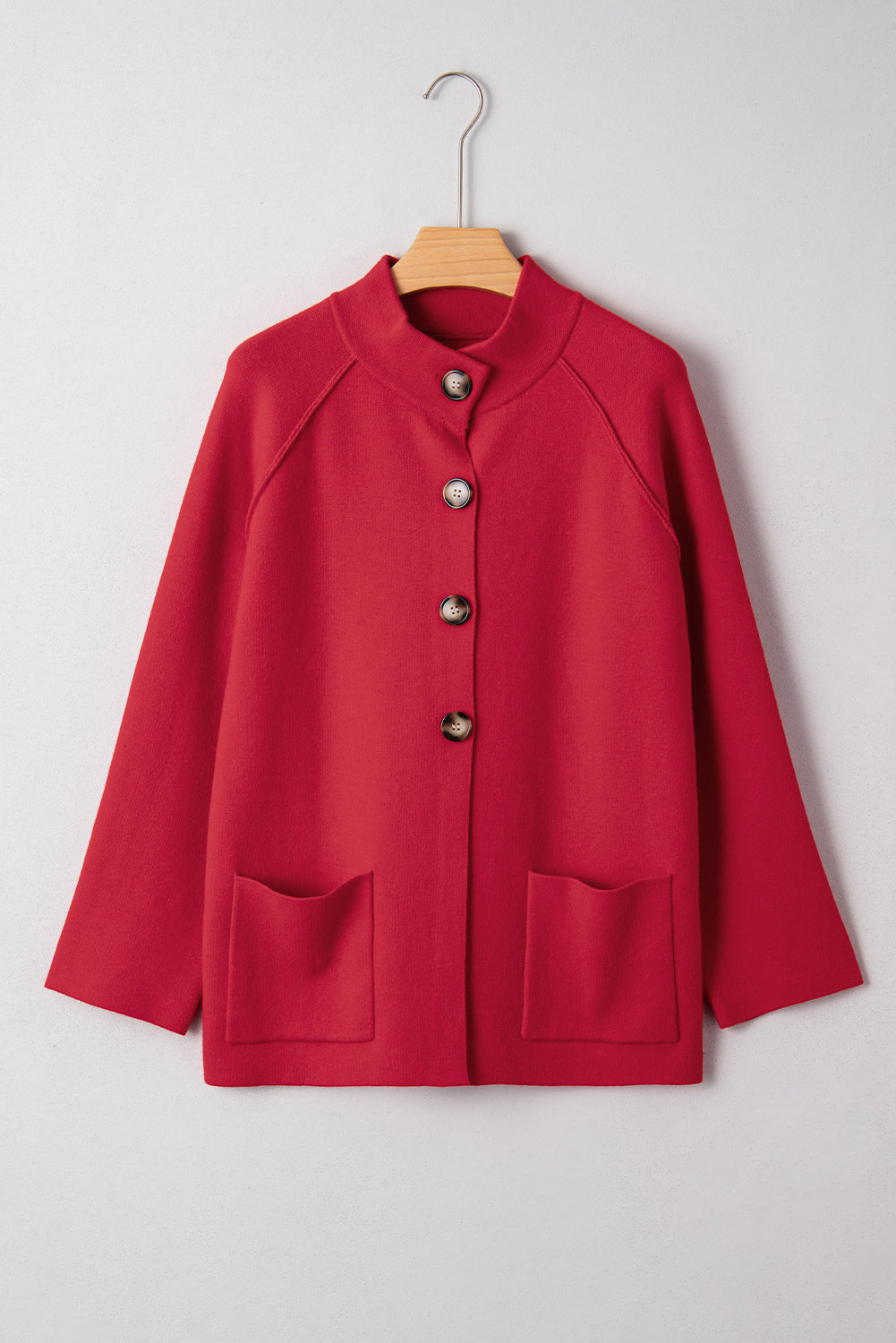 Fiery Red Solid Color Mock Collar Loose Jacket