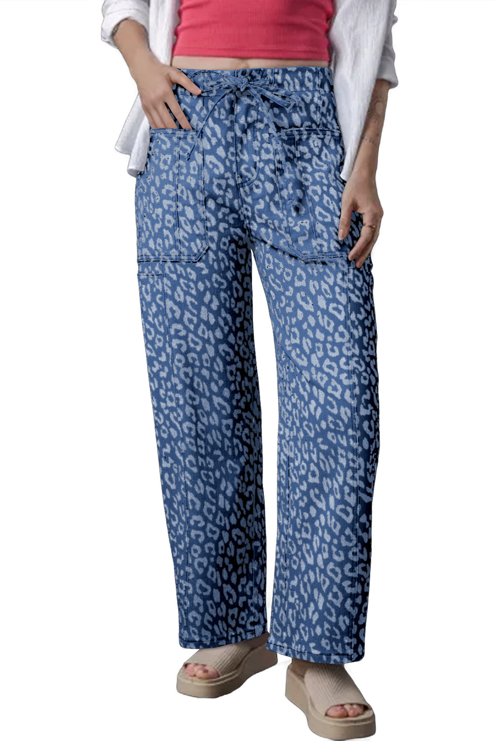 Blue Leopard Print Drawstring Waist Pocketed Wide Leg Jeans