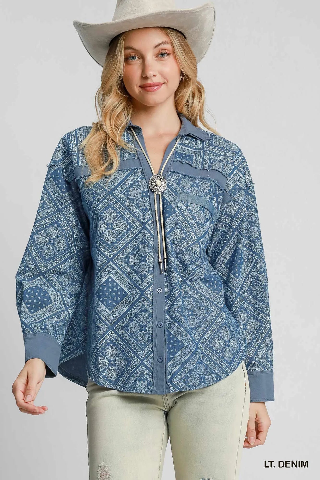 Umgee Paisley Print Denim Shirt Jacket