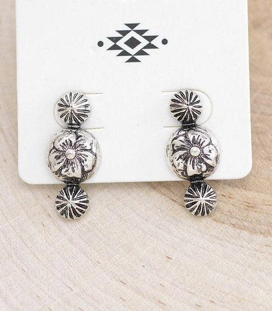 Dainty Western Flower Concho Earrings: Silver