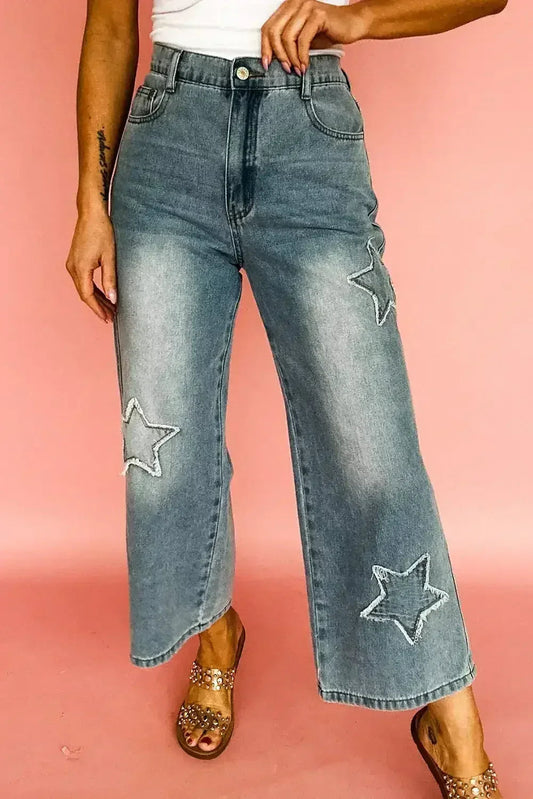 Stone Blue Star Patchwork Light Wash Wide Leg High Waist Jeans