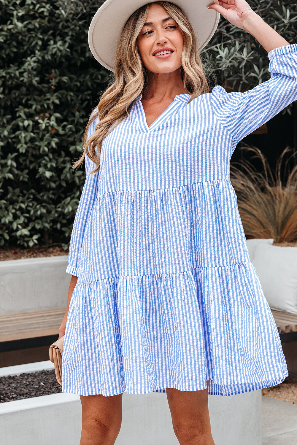 Kaia Stripe Bracelet Sleeve Tiered Dress with Pockets