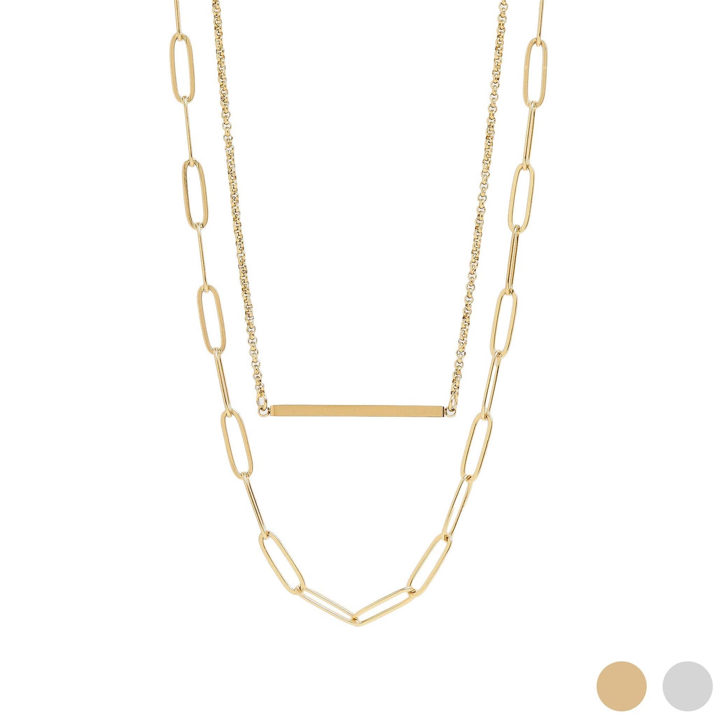 18K Gold PVD Stainless Steel Paperclip Layered Blank Bar Necklace: Gold