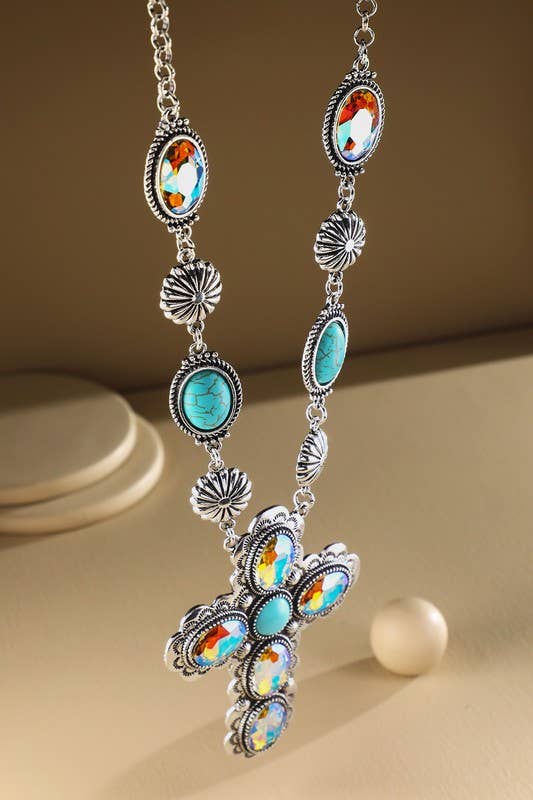 Western Turquoise Crystal Cross Necklace : CRYSTAL(SBTQAB) / OS