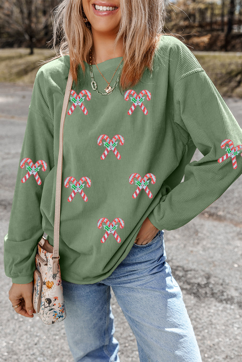 Grass Green Candy Cane Patch Application Corded Baggy Sweatshirt