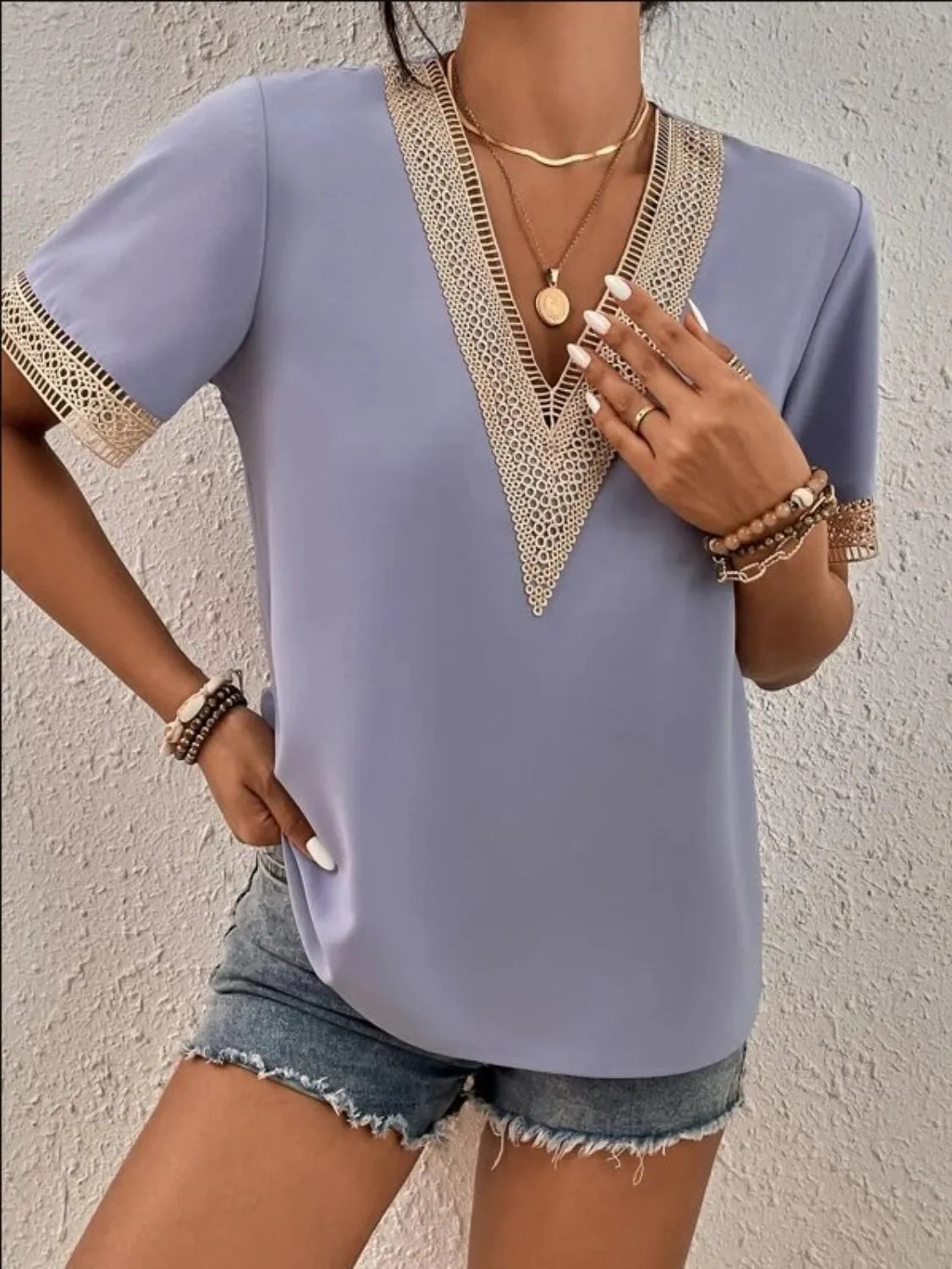 Full Size Contrast V-Neck Short Sleeve Blouse Plus Size