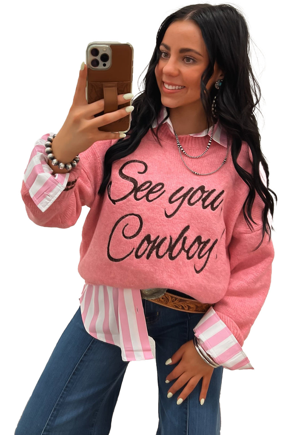 Peach Blossom Letter Embroidered Graphic Sweater