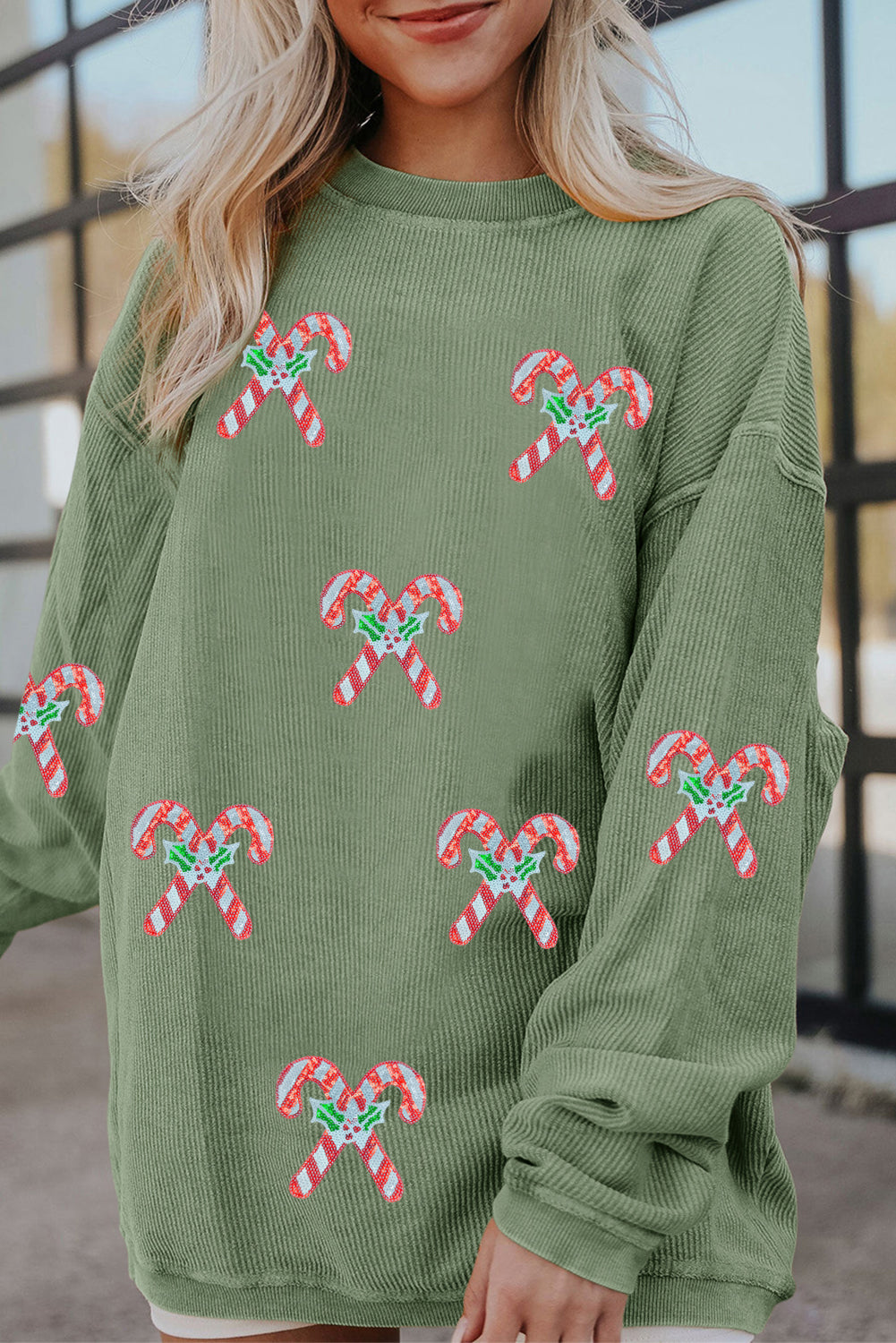 Grass Green Candy Cane Patch Application Corded Baggy Sweatshirt