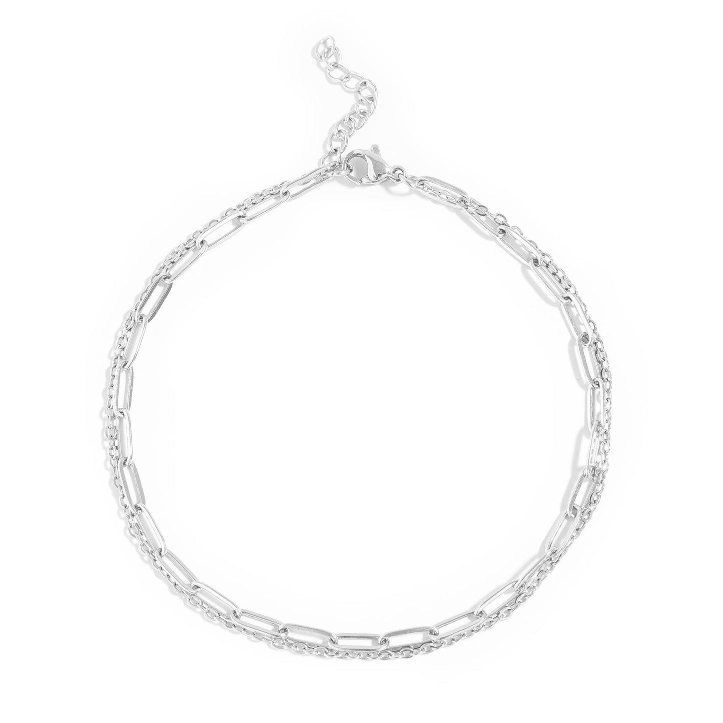 2 Row Stainless Steel Loop and Paperclip Chain Anklet: Gold