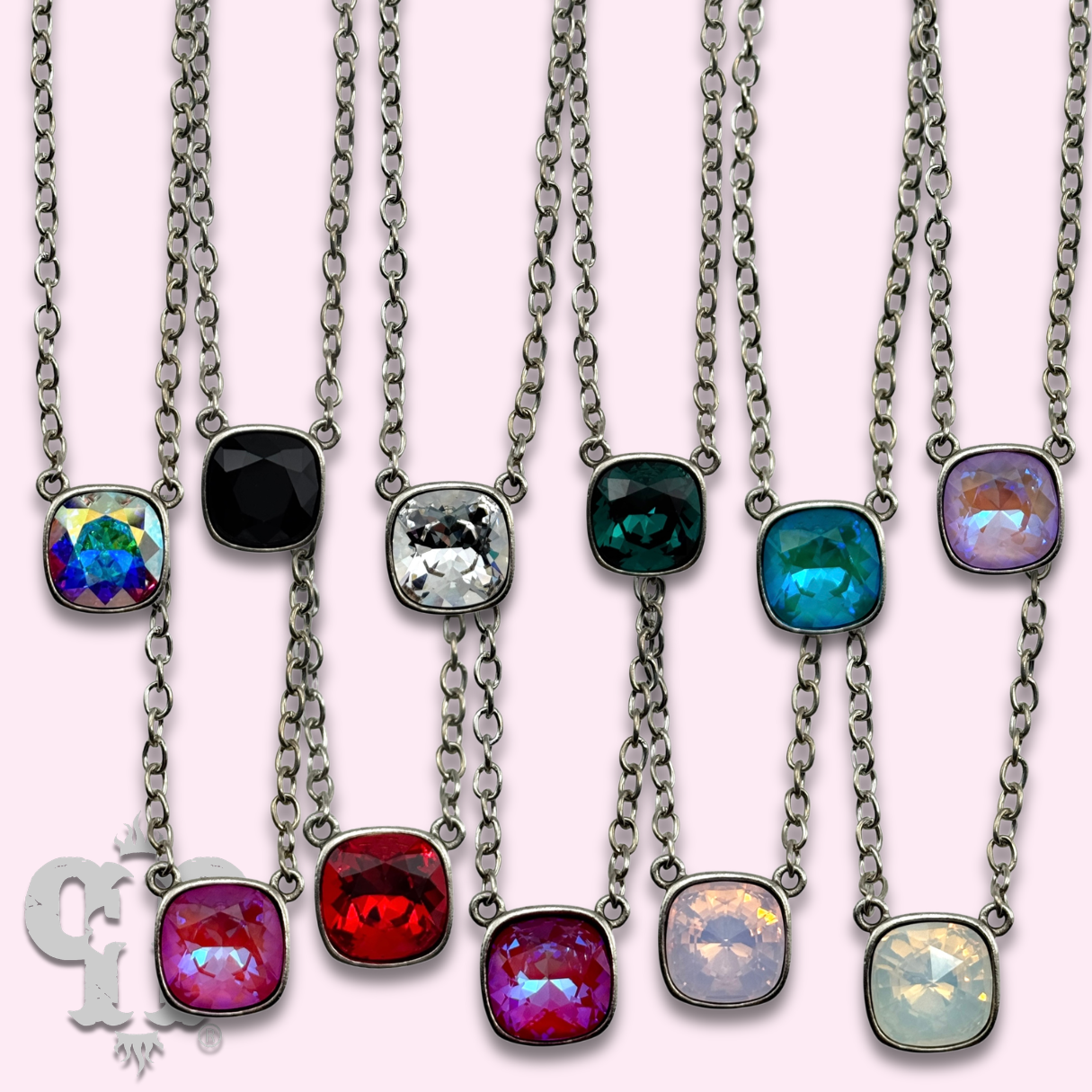 Austrian square crystal chain necklace, 12mm