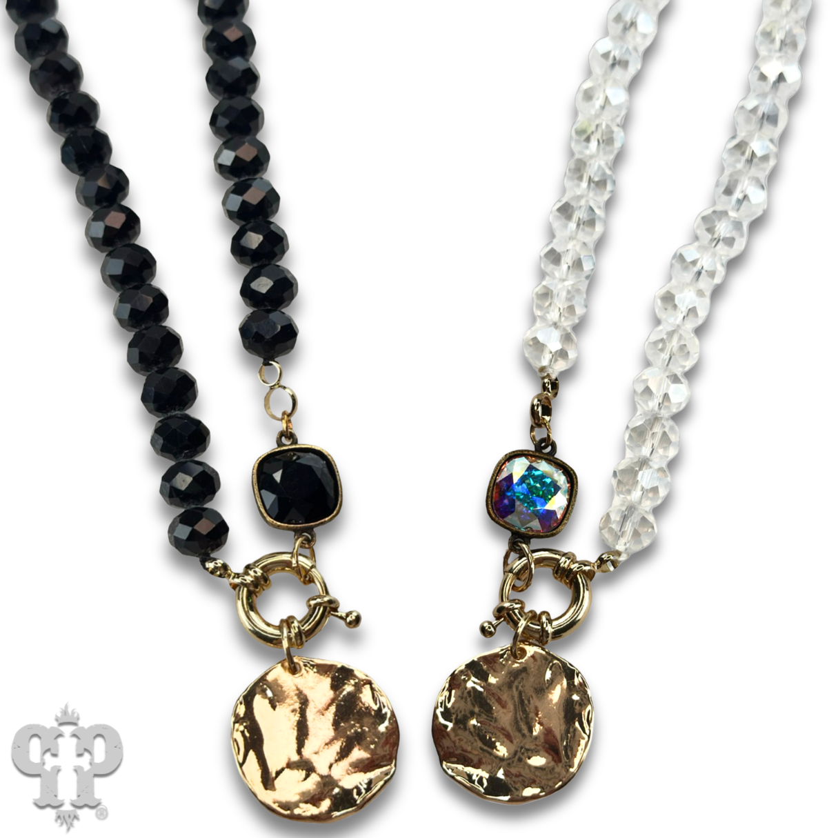 Gold disc necklace with Austrian crystal