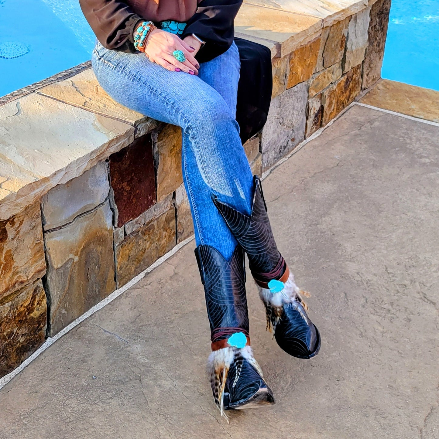 Boho Western Boot Wrap Cuff w/ Feathers & Turquoise 500f