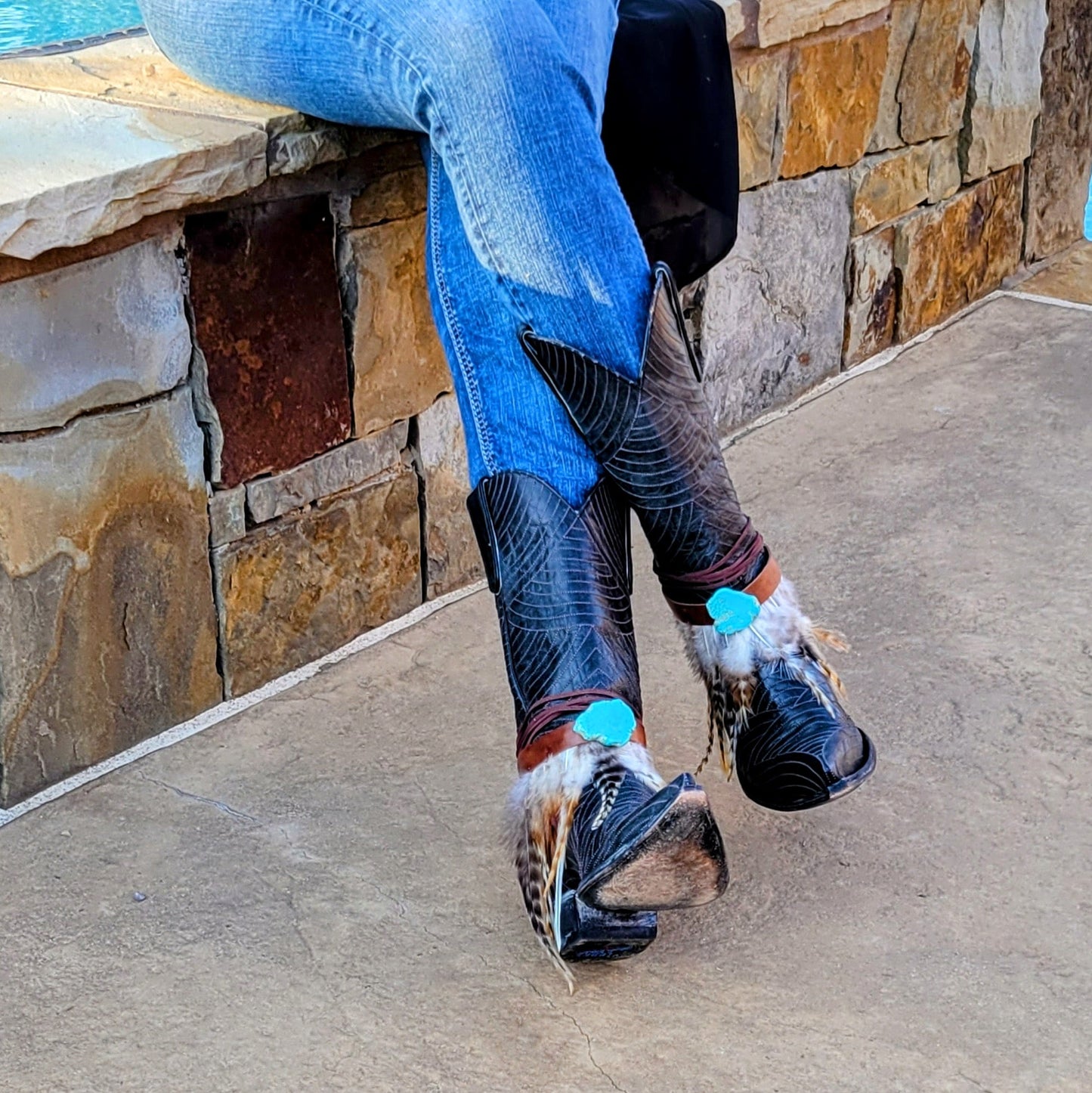 Boho Western Boot Wrap Cuff w/ Feathers & Turquoise 500f