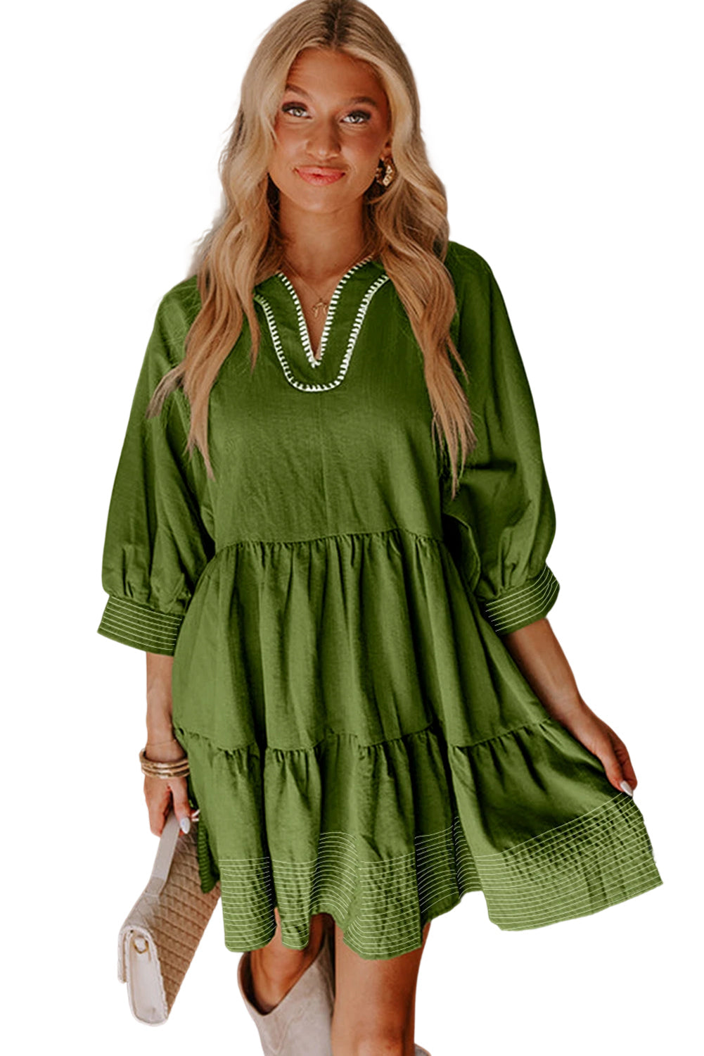 Jungle Green Contrast Stitched V Neck 3/4 Sleeve Swing Mini Dress