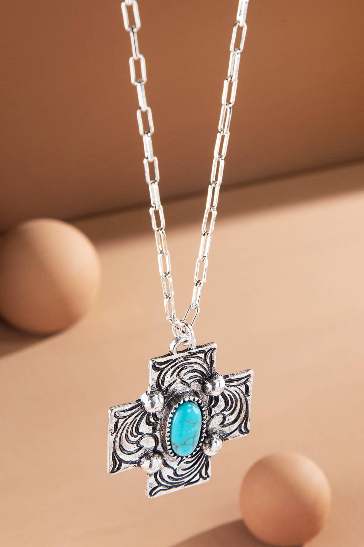Stamped Cross Concho Turquoise Pendant Necklace: SBTQ-TURQUOISE